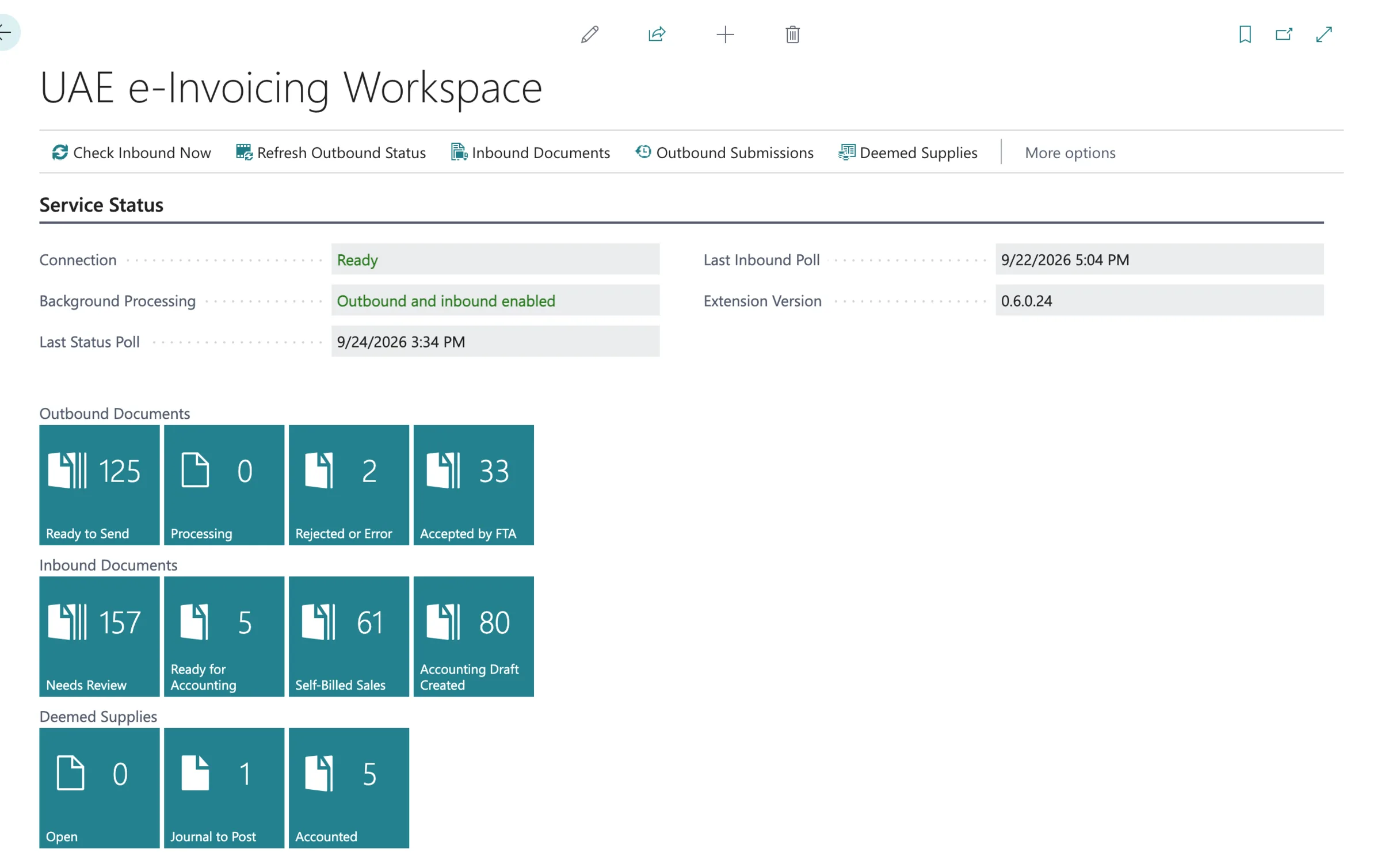 Business Central UAE e-Invoicing Workspace with service status and tiles for outbound documents, inbound documents and deemed supplies.
